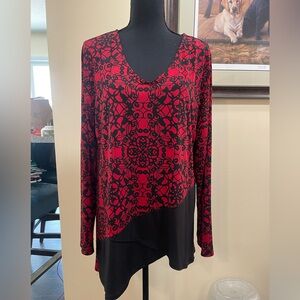 Dana Buchman Red and Black Asymmetrical Long Sleeve Blouse